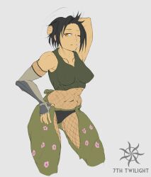  1girl 7th_twilight abs absurdres armpits black_hair breasts commentary english_commentary fishnets highres looking_at_viewer muscular muscular_female navel ninja original solo teiko_(7th_twilight) 