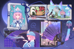  3girls absurdres abysisle black_hairband blue_butterfly blue_hat blue_kimono bug butterfly cherry_blossoms cherry_tomato collared_shirt commentary cucumber cucumber_slice eating falling_petals flower folding_fan food food_art food_theft frilled_kimono frills from_side gap_(touhou) green_skirt green_vest grey_hair hairband hand_fan hat highres hitodama hitodama_print holding holding_food japanese_clothes kimono konpaku_youmu konpaku_youmu_(ghost) mob_cap multiple_girls multiple_views onigiri petals pink_eyes pink_flower pink_hair pink_petals saigyouji_yuyuko shirt shrimp shrimp_tempura skirt skirt_set sleeve_garter tako-san_wiener tempura tomato touhou triangular_headpiece upper_body vest watermark white_shirt wind_chime yakumo_yukari 