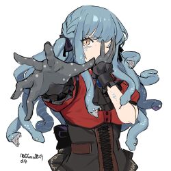  1girl 2girls ascot bang_dream! bang_dream!_it's_mygo!!!!! black_ascot black_corset black_gloves black_ribbon blue_hair breasts brooch commentary_request corset gloves guagua977 hair_ribbon jewelry large_breasts living_hair long_hair looking_at_viewer monster_girl multiple_girls oblivionis_(bang_dream!) open_mouth outstretched_arm outstretched_hand reaching reaching_towards_viewer red_shirt ribbon shirt short_sleeves sidelocks simple_background snake snake_hair solo togawa_sakiko upper_body yellow_eyes 