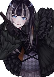  1girl asymmetrical_dress bell_sleeves black_dress black_gloves black_hair blue_eyes blunt_bangs blush brooch checkered_clothes checkered_dress choker closed_mouth commentary cross-laced_clothes cross-laced_dress dress eyebrows_hidden_by_hair eyeshadow feet_out_of_frame frilled_dress frills from_above gloves gothic_lolita green_dress grey_hair grey_streaks hand_fan highres hime_cut holding holding_fan hololive hololive_dev_is jewelry juufuutei_raden juufuutei_raden_(1st_costume) kamameshi_(dokdon) lace lace-trimmed_choker lace_choker lace_trim leaning_forward lips lolita_fashion long_hair long_sleeves looking_at_viewer loose_hair_strand makeup multicolored_hair sidelocks simple_background smile solo straight_hair streaked_hair two-tone_hair virtual_youtuber white_background 