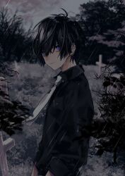  1boy absurdres barbell_piercing black_hair black_shirt closed_mouth collared_shirt cross cross_earrings cross_necklace ear_piercing earrings from_side graveyard highres jagged_sclera jewelry looking_at_viewer necklace necktie original piercing rain rip2 shirt short_hair sleeves_rolled_up solo tombstone tree upper_body violet_eyes white_necktie wind wind_lift wing_collar 