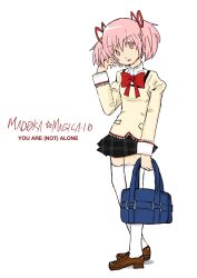  1girl bag black_skirt blue_bag bow bowtie brown_shoes commentary_request darkmangomania full_body hair_ribbon high_collar highres holding holding_bag invisible_floor kaname_madoka long_sleeves mahou_shoujo_madoka_magica miniskirt mitakihara_school_uniform neon_genesis_evangelion pink_eyes pink_hair rebuild_of_evangelion red_bow red_bowtie red_ribbon ribbon school_uniform shoes short_hair simple_background skirt solo standing sweater thigh-highs white_background white_thighhighs yellow_sweater zettai_ryouiki 