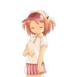  1girl 2000s_(style) ^_^ blush breasts brown_hair closed_eyes closed_mouth collared_shirt cowboy_shot game_asset hair_intakes harukaze_yayoi_(ryoujoku_gakuen) hogeroh large_variant_set medium_breasts miniskirt non-web_source pink_skirt pleated_skirt ryoujoku_gakuen self-datamine shirt short_sleeves simple_background skirt smile solo standing swept_bangs transparent_background two_side_up variant_set visor_cap 