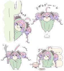  1girl :3 absurdres ahoge blush blush_stickers cactus cheese cheese_wheel chibi chibi_only cola commentary_request cooking drink food heart highres holding holding_drink hololive jumping kikirara_vivi looking_at_viewer multicolored_hair multiple_views peeking_out pink_hair purple_hair sankon_(choko-noki) sound_effects streaked_hair twintails violet_eyes 