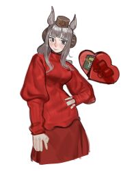  1girl absurdres animal_ears blunt_bangs bomb box brown_eyes closed_mouth countdown_timer cropped_legs dress english_commentary english_text explosive gold_ship_(umamusume) grey_hair hand_on_own_hip heart-shaped_box highres horse_ears horse_girl juliet_sleeves long_sleeves looking_at_viewer pillbox_hat pipe_bomb puffy_sleeves red_dress red_skirt red_sweater skirt smile solo standing sweater turtleneck turtleneck_sweater umamusume w3nzee white_background 