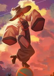  1girl adapted_costume animal_print apron bare_shoulders blonde_hair brown_hat clothing_cutout commentary_request contrail frog_print full_body hat high_heels highres hip_vent moriya_suwako narakunara1125 outdoors platform_sandals purple_vest red_sash road_sign sandals sash short_hair side_slit sign signature skirt skirt_set sky sleeves_past_fingers sleeves_past_wrists smile solo standing standing_on_one_leg sunset touhou utility_pole vest wide_sleeves 