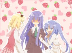  3girls :| alternate_costume anger_vein angry black_dress blank_eyes blonde_hair blue_eyes blue_hair blunt_bangs blunt_ends blush bow bowtie breasts buttons closed_mouth collared_dress commentary crossover dress empty_eyes food frederica_bernkastel from_side fruit furudo_erika green_necktie heart hime_cut holding_another's_arm jacket lambdadelta long_hair long_sidelocks long_sleeves medium_breasts medium_hair multiple_girls necktie open_mouth orange_bow orange_bowtie orange_trim outline parted_bangs partially_shaded_face pink_background pink_sailor_collar pink_skirt profile puffy_long_sleeves puffy_sleeves purple_hair sailor_collar saisat34 school_uniform sidelocks signature skirt sleeve_cuffs strawberry strawberry_panic! striped_bow striped_bowtie striped_clothes striped_skirt twintails umineko_no_naku_koro_ni unamused v-shaped_eyebrows violet_eyes white_jacket white_outline white_skirt yuri 