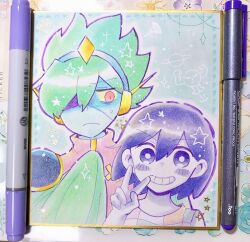  2boys blue_skin bright_pupils cape captain_spaceboy checkered_clothes closed_mouth colored_sclera colored_skin commentary_request double-parted_bangs eyepatch green_cape green_hair grin hair_over_one_eye kagami2525 kel_(headspace)_(omori) kel_(omori) looking_at_another looking_at_viewer male_focus multiple_boys omori open_mouth purple_hair red_eyes short_hair smile sweatdrop tank_top teeth traditional_media v violet_eyes white_pupils white_skin yellow_sclera 