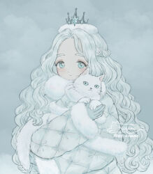  1girl animal blue_background blue_dress blue_eyes blue_gloves braid capelet cat closed_mouth clothed_animal coat_dress commentary cosame22 crown dress fur-trimmed_capelet fur-trimmed_dress fur-trimmed_sleeves fur_collar fur_trim gloves half_up_braid holding holding_animal holding_cat long_hair long_sleeves looking_at_viewer mini_crown original parted_bangs quilted_capelet quilted_clothes signature smile solo twitter_username untranslatable_commentary upper_body wavy_hair white_cat winter_clothes 