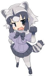  1girl animal_ears black_skirt black_socks blush blush_stickers bow bowtie breast_pocket brown_eyes commentary_request common_raccoon_(kemono_friends) elbow_gloves fangs fur-trimmed_jacket fur_trim gloves gradient_gloves highres jacket kemono_friends looking_at_viewer multicolored_hair naka_(buttergirl_02) pantyhose parted_bangs paw_pose pleated_skirt pocket raccoon_ears raccoon_girl raccoon_tail shoes short_hair skirt socks solo tail two-tone_hair white_pantyhose 