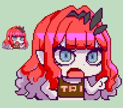  1girl baobhan_sith_(fate) baobhan_sith_(first_ascension)_(fate) bare_shoulders chibi commentary_request fate/grand_order fate_(series) grey_eyes hair_ornament keykey117117 long_hair looking_at_viewer lowres morgan_le_fay_(fate) open_mouth pink_hair pixel_art pointy_ears 