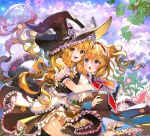  2girls alice_margatroid apron blonde_hair blue_eyes blue_sky book bow braid capelet clouds flower hair_bow hairband hand_on_another&#039;s_chest hand_on_another&#039;s_shoulder hat hat_ribbon head_to_head hug hug_from_behind kirisame_marisa leaf light_particles lolita_hairband long_hair long_sleeves multiple_girls open_book open_mouth puffy_short_sleeves puffy_sleeves repi987 ribbon short_hair short_sleeves single_braid sitting skirt skirt_set sky touhou waist_apron witch_hat yellow_eyes 