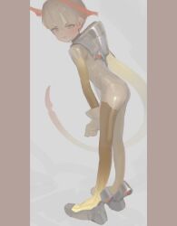  1girl absurdres bodysuit border clenched_hands commentary diving_suit english_commentary english_text gloves grey_eyes grey_hair headgear highres limited_palette looking_at_viewer mechanical_tail multicolored_bodysuit original polilla polivia skin_tight smile tail thrusters two-tone_bodysuit wetsuit white_gloves 