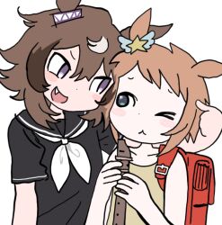  >:) 2girls :< animal_ears backpack bag biko_pegasus_(umamusume) black_shirt blue_eyes brown_hair commentary_request dot_nose ear_ornament fang flute hair_between_eyes hair_tuft horse_ears horse_girl horse_tail instrument korean_commentary light_blush multicolored_hair multiple_girls one_eye_closed open_mouth poking randoseru sailor_collar sailor_shirt shinko_windy_(umamusume) shirt short_hair sleeveless smile tail tank_top upper_body uuzzangohayo v-shaped_eyebrows violet_eyes white_background 