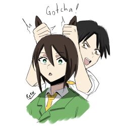  1boy 1girl animal_ears black_hair brown_eyes brown_hair collared_shirt grabbing_another's_ear green_eyes green_jacket hair_between_eyes hand_on_another's_ear hayakawa_tazuna highres horse_ears horse_girl jacket long_hair long_sleeves necktie open_mouth reinren_sa shirt smile teeth trainer_(umamusume) umamusume upper_teeth_only white_shirt yellow_necktie 