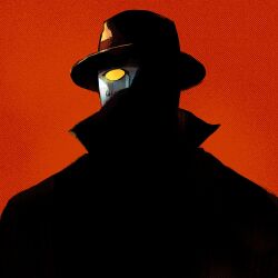  1boy black_coat coat colored_sclera fedora hat highres humanoid_robot looking_ahead looking_to_the_side male_focus mask no_humans orange_background q_(street_fighter) red_background robot sebazebes simple_background solo street_fighter street_fighter_iii_(series) trench_coat upper_body yellow_eyes yellow_sclera 