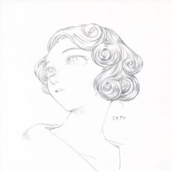  1girl absurdres artist_name commentary_request curly_hair eyelashes graphite_(medium) greyscale highres looking_up monochrome original parted_lips portrait sato_(osappun) short_hair solo traditional_media 