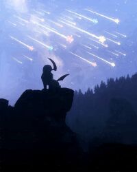  absol absurdres cliff highres horns minior night no_humans pokemon pokemon_(creature) pokemon_focus rivalclay shooting_star single_horn star_(symbol) tail tree 