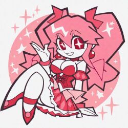  bracelet breasts character_request collar colored_skin copyright_request deformed earrings jewelry large_breasts non-web_source pink_hair pink_theme red_collar red_eyes red_shirt red_shoes red_skirt shirt shoes skirt sparkling_eyes stud_earrings twintails white_skin 