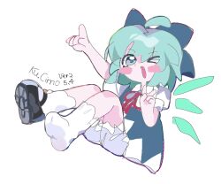  1girl :d ahoge black_shoes blue_bow blue_dress blue_eyes blue_hair blush_stickers bow character_name cirno commentary_request double-parted_bangs dress fang flower full_body hair_between_eyes hair_bow hair_flower hair_ornament hand_up ice ice_wings kuzucirno looking_at_viewer mary_janes neck_ribbon open_mouth pinafore_dress red_ribbon ribbon shirt shoe_soles shoes short_hair short_sleeves simple_background single_shoe sleeveless sleeveless_dress smile socks soles solo standing sunflower touhou watermark white_background white_shirt white_socks wings 