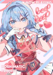  1girl absurdres black_ribbon blue_eyes blue_hair blush braid buttons collared_shirt commentary dot_nose double-breasted emblem english_commentary english_text gloves hair_between_eyes hair_ornament hairband hairclip heart highres hololive hoshimachi_suisei looking_at_viewer miya_(ikanyaide) neck_ribbon open_mouth pleated_shirt pleated_skirt ribbon shirt signature skirt solo star_(symbol) star_in_eye symbol_in_eye teeth twin_braids virtual_youtuber white_gloves 