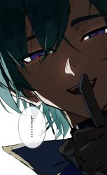  1boy belt belt_collar black_belt black_boots black_gloves blue_shirt boots choker close-up coat collar collared_shirt finger_to_mouth genshin_impact gloves glowing glowing_eye green_hair hair_between_eyes highres lohen_(genshin_impact) looking_at_viewer male_focus mole mole_under_eye multicolored_eyes pants parted_lips ru_ri1107 shaded_face shirt short_hair shushing solo speech_bubble teeth thigh_strap upper_teeth_only white_background white_pants 
