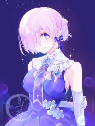  1girl adapted_costume breasts collar dress earrings elbow_gloves fate/grand_order fate_(series) gloves hair_over_one_eye hand_on_own_elbow jewelry kimiori_(yuapple241) looking_at_viewer mash_kyrielight medium_breasts pink_hair purple_dress sleeveless sleeveless_dress smile solo violet_eyes 