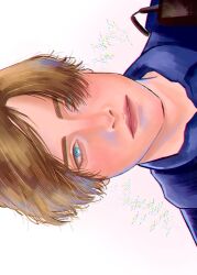  1boy aegyo_sal bio0on blonde_hair blue_eyes blue_shirt collared_shirt highres leon_s._kennedy looking_at_viewer male_focus parted_lips portrait resident_evil resident_evil_2 shirt short_hair sideways smile solo 