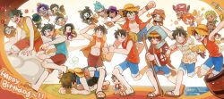  3girls 6+boys afro black_hair black_hat blonde_hair blue_hair blue_shorts boa_hancock bon_clay book brook_(one_piece) cake chinese_commentary coat commentary_request crocodile_(one_piece) emporio_ivankov fire fish_boy flower food franky_(one_piece) from_side fruit green_hair happy_birthday hat hat_on_back highres jinbe_(one_piece) katana mandarin_orange monkey_d._luffy multiple_boys multiple_girls musical_note nami_(one_piece) nico_robin official_alternate_costume one_piece open_clothes open_vest orange_hair orange_hat pink_flower portgas_d._ace purple_hair red_vest roronoa_zoro running sabo_(one_piece) sandals sanji_(one_piece) shorts skeleton skull sparkle straw_hat straw_hat_pirates sword tony_tony_chopper usopp vest weapon wuzhou0306 