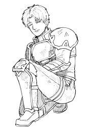  1boy armor breastplate closed_eyes closed_mouth commentary_request dancho_no_mori fire_emblem fire_emblem:_path_of_radiance male_focus monochrome on_one_knee oscar_(fire_emblem) short_hair solo 