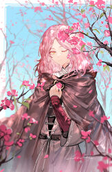  1girl absurdres artist_name branch brown_cloak cloak closed_mouth cowboy_shot day elden_ring facial_tattoo flower highres holding holding_flower looking_at_viewer lsuiany melina_(elden_ring) one_eye_closed outdoors pink_flower pink_hair plum plum_blossoms signature solo tattoo yellow_eyes 