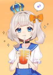  1girl black_choker blonde_hair blue_crown blue_eyes blue_sailor_collar blue_skirt bow bowtie choker crown cup drinking drinking_straw fish goldfish hair_bow highres marimari_(marimari_1.0)_(vtuber) marimari_(vtuber) mini_crown musical_note orange_bow orange_bowtie phase_connect sailor_collar shirt short_eyebrows side_ponytail skirt solo suspender_skirt suspenders tsukasa12598 virtual_youtuber white_shirt 