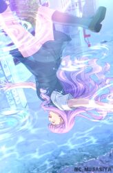  1girl absurdres brown_shoes building closed_eyes commentary_request dress grey_dress grey_socks highres long_hair love_live! love_live!_superstar!! musashiya_chougenbou open_mouth outdoors outstretched_arms purple_hair reflection school_uniform shirt shoes smile socks solo sparkle spread_arms standing standing_on_one_leg summer_uniform twitter_username upside-down water white_shirt wien_margarete yuigaoka_school_uniform 