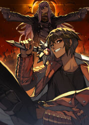  2boys 98_(perfectcombox) absurdres bat_(animal) black_coat black_hair blue_eyes buttons closed_mouth coat commentary commission dark-skinned_male dark_skin double-breasted dual_wielding eclipse english_commentary eyepatch gloves grin gun handgun hide_(hideout) highres holding holding_sword holding_weapon jacket long_hair long_sleeves looking_at_viewer male_focus multiple_boys open_clothes open_jacket original print_eyepatch purple_hair red_jacket saiyuken_(perfectcombox) scarf short_hair skeb_commission smile sword weapon 