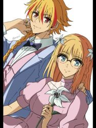 1boy 1girl ahoge blonde_hair blue_eyes bow bowtie braid braided_ponytail dress emya26 fate/strange_fake fate_(series) flower glasses hair_flower hair_ornament holding holding_flower jacket long_hair looking_at_viewer medium_hair multicolored_hair red_eyes red_streaks richard_i_(fate) sajou_ayaka_(fate/strange_fake) shirt side_braid simple_background single_braid smile streaked_hair upper_body white_background 