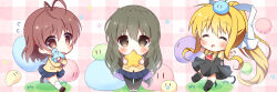  3girls :d ^_^ air_(visual_novel) antenna_hair black_boots black_dress black_pantyhose blonde_hair blue_skirt blush boots bow brown_eyes brown_hair chibi chibi_only clannad closed_eyes commentary_request company_connection crossover dango_daikazoku dress eyes_visible_through_hair floating_hair flying_sweatdrops full_body furukawa_nagisa green_hair hair_between_eyes hair_bow hair_ornament hair_ribbon hairclip happy haruchimo hikarizaka_private_high_school_uniform holding holding_star holding_stuffed_toy ibuki_fuuko jacket kamio_misuzu long_hair looking_at_viewer low-tied_long_hair medium_hair miniskirt multiple_girls open_mouth outstretched_arms pacifier pantyhose parallel_hairclips pinafore_dress pink_background plaid_background pleated_skirt ponytail puffy_short_sleeves puffy_sleeves purple_bow ribbon running school_uniform shirt short_sleeves sidelocks simple_background skirt sleeveless sleeveless_dress smile socks standing star_(symbol) stuffed_dinosaur stuffed_toy v-shaped_eyebrows very_long_hair white_ribbon white_socks yellow_jacket yellow_shirt |_| 