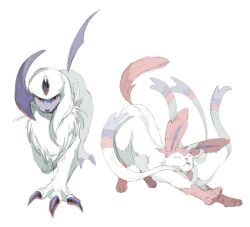  absol animal_focus avocado_539 bow claws closed_eyes fluffy full_body horns looking_at_viewer mane neck_fur no_humans pink_fur pokemon pokemon_(creature) pokemon_focus red_eyes ribbon simple_background single_horn standing stretching sylveon two-tone_fur white_background white_fur 