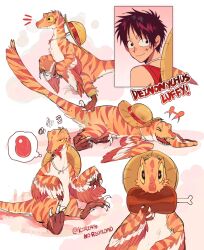  +++ 1boy animalization black_hair boned_meat character_name colored_sclera commentary_request deinonychus dinosaur feathered_dinosaur feathers food full_body hat hat_on_back highres ki2ri5 looking_at_viewer male_focus meat monkey_d._luffy notice_lines one_piece red_vest scar scar_on_cheek scar_on_face sharp_teeth short_hair sitting speech_bubble squiggle straw_hat teeth thought_bubble tongue tongue_out twitter_username upper_body vest yellow_sclera 