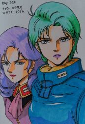  1980s_(style) 2girls absurdres aqua_hair blue_eyes commentary_request four_murasame grin gundam highres kitazume_hiroyuki_(style) long_hair looking_at_viewer mecha_pilot_suit military_rank_insignia military_uniform mixed-language_text multiple_girls normal_suit_(gundam) pink_scarf portrait purple_hair purple_lips retro_artstyle rosamia_badam scan scarf science_fiction serious short_hair smile spacesuit titans_(gundam) traditional_media translation_request upper_body user_knyx8524 zeta_gundam 