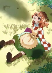  1girl apron bell boots brown_shoes checkered_clothes checkered_kimono commentary_request delta_delta full_body grass green_skirt hair_bell hair_ornament highres japanese_clothes kimono looking_up motoori_kosuzu open_mouth orange_hair outdoors red_eyes shoes short_hair sitting skirt solo touhou yellow_apron 