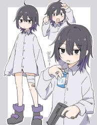  1girl absurdres auhuheben17 bandaged_leg bandages bandaid bandaid_on_finger bandaid_on_hand bandaid_on_leg black_eyes black_hair blush boots border breath closed_mouth collared_shirt commentary_request drink_carton drinking_straw gradient_hair grey_border gun hair_between_eyes handgun highres holding holding_gun holding_weapon jitome long_sleeves medium_hair milk_carton multicolored_hair open_mouth original outside_border oversized_clothes oversized_shirt shirt sleeves_past_wrists solo standing weapon white_background 