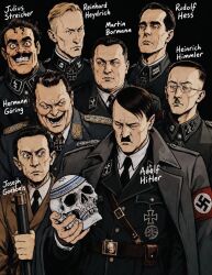  6+boys adolf_hitler ai-generated armband black_background black_jacket black_necktie blonde_hair brown_coat character_name closed_eyes coat coat_on_shoulders commentary_request crazy_smile cross evil_grin evil_smile expressionless facial_hair frown glasses grin heinrich_luitpold_himmler hermann_wilhelm_goering hexagram highres holding holding_skull iron_cross jacket joseph_goebbels julius_sebastian_streicher kippah looking_to_the_side male_focus martin_ludwig_bormann meme military_uniform multiple_boys mustache nazi necktie politician real_life real_life_insert red_armband reinhard_tristan_eugen_heydrich rudolf_hess short_hair skull skullcap smile spanish_commentary star_of_david swastika taiketsu0099 undercut viltrumite_group_shot_(meme) wide-eyed world_war_ii 