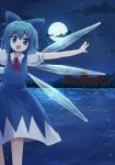  1girl asyura7 blue_dress blue_eyes blue_hair bow cirno clouds dress fang full_moon hair_bow highres ice ice_wings lake looking_at_viewer moon open_mouth outstretched_arms scarlet_devil_mansion shirt short_sleeves sky smile solo touhou violet_eyes wings 