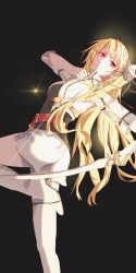  1girl alisa_reinford black_background black_scrunchie blonde_hair boots bow_(weapon) closed_mouth drawing_bow eiyuu_densetsu feather_hair_ornament feathers floating_hair glint hair_ornament hair_scrunchie hair_spread_out high_side_ponytail highres holding holding_bow_(weapon) holding_weapon leg_up long_hair partially_shaded_face pencil_skirt red_eyes scrunchie sen_no_kiseki_(series) sen_no_kiseki_iii side_ponytail simple_background skirt solo star_(sky) swept_bangs thigh_boots upper_body weapon white_boots white_skirt yingkongji1 