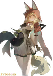  1girl absurdres animal_ears arknights arknights:_endfield artist_name awoodden belt_pouch blonde_hair capelet cloak commentary corset dress english_commentary facing_viewer fingerless_gloves gloves highres hood hood_up light_blush looking_to_the_side medium_hair open_mouth pantyhose pouch red_eyes rossi_(arknights) simple_background solo tail twintails white_background white_dress white_pantyhose wolf_ears wolf_girl wolf_tail 