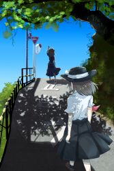  2girls black_hat black_skirt black_socks blonde_hair bow brown_shoes collared_shirt commentary_request day dinotodon dress faceless faceless_female from_behind hat hat_bow highres maribel_hearn medium_hair mob_cap multiple_girls necktie purple_dress purple_shoes red_necktie road_sign sash shirt shirt_tucked_in shoes short_sleeves sidelocks sign skirt sleeve_cuffs socks stop_sign touhou translation_request tree usami_renko waving white_bow white_hat white_sash white_shirt white_socks 