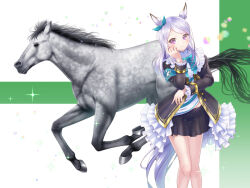  1girl animal_ears aqua_bow black_jacket black_skirt blush bow bowtie closed_mouth coat commentary_request creature_and_personification ear_bow ear_ribbon frilled_coat frilled_jacket frills horse horse_ears horse_girl horse_tail jacket long_hair long_sleeves looking_at_viewer mejiro_mcqueen_(frontline_elegance)_(umamusume) mejiro_mcqueen_(racehorse) mejiro_mcqueen_(umamusume) personification pleated_skirt purple_hair real_life ribbon shirt skirt smile striped_clothes striped_shirt sugimotty_nova tail umamusume violet_eyes 
