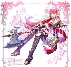  1girl absurdres armor axe battle_axe black_pantyhose border cape cherche_(fire_emblem) cherche_(resplendent)_(fire_emblem) commentary commission double-sided_axe double-sided_polearm english_commentary english_text fire_emblem fire_emblem_awakening fire_emblem_heroes floral_background flower hair_ornament hairband highres huge_weapon katarina_neko long_hair looking_at_viewer ornate_border pantyhose parted_bangs parted_lips pauldrons pink_flower pink_hair polearm red_cape red_eyes sandals shoulder_armor simple_background sitting skirt smile tassets tumblr_logo tumblr_username twitter_logo twitter_username vambraces very_long_hair vgen_commission vgen_logo vgen_username watermark watermark_grid weapon white_background white_hairband white_skirt wing_hair_ornament winged_hairband 