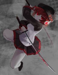  0w0_(artist) 1girl absurdres alternate_color beret black_hat black_shoes blood blood_on_weapon closed_mouth copyright_name hair_between_eyes hat hat_writing highres holding holding_sword holding_weapon long_sleeves miniskirt red_eyes red_hair red_trim robot_ears shirt shoes short_hair skirt solo sword utane_uta utau weapon white_shirt 