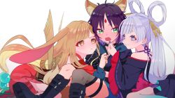  3girls :t animal_ears bare_shoulders blonde_hair blue_eyes blush cho_kaguya-hime! commentary_request fishnet_thighhighs fishnets forehead_jewel fox_ears girl_sandwich green_eyes grey_hair hair_ornament hair_rings hair_stick halterneck hand_on_another's_chin highres hug hug_from_side ikenoouja kaguya_(cho_kaguya-hime!) long_hair long_sleeves looking_at_another lop_rabbit_ears multicolored_eyes multicolored_hair multiple_girls open_mouth orange_eyes pink_hair pout purple_hair rabbit_ears runami_yachiyo sakayori_iroha sandwiched short_hair single_fishnet_legwear thigh-highs two-tone_hair very_long_hair violet_eyes white_background wide_sleeves yuri 